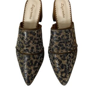 Zigi Soho Black & Gold Crystal Leopard-Print Pointed Mules